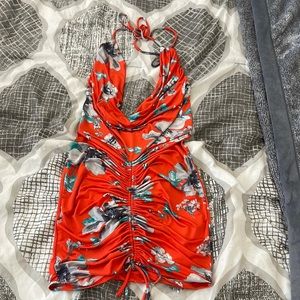 Red Mini Floral Cowl neck low back dress